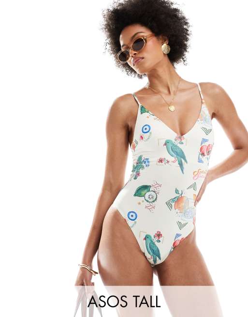 ASOS DESIGN Tall - Badpak met V-voorkant en ansichtkaartenprint