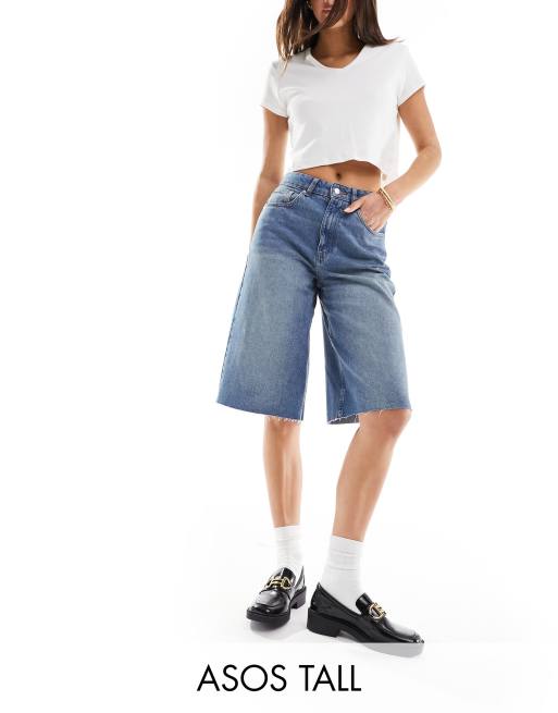 ASOS DESIGN Tall baggy longline denim jorts in midwash blue | ASOS