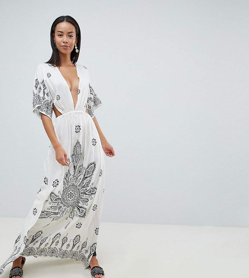 ASOS DESIGN Tall Bandana Print Kimono Plunge Maxi Beach Dress-Multi