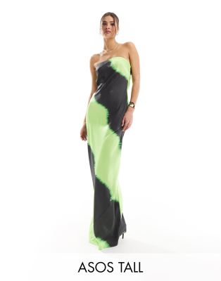 Asos Tall Asos Design Tall Bandeau Bias Cut Maxi Dress With Tie Back In Abstract Print-multi