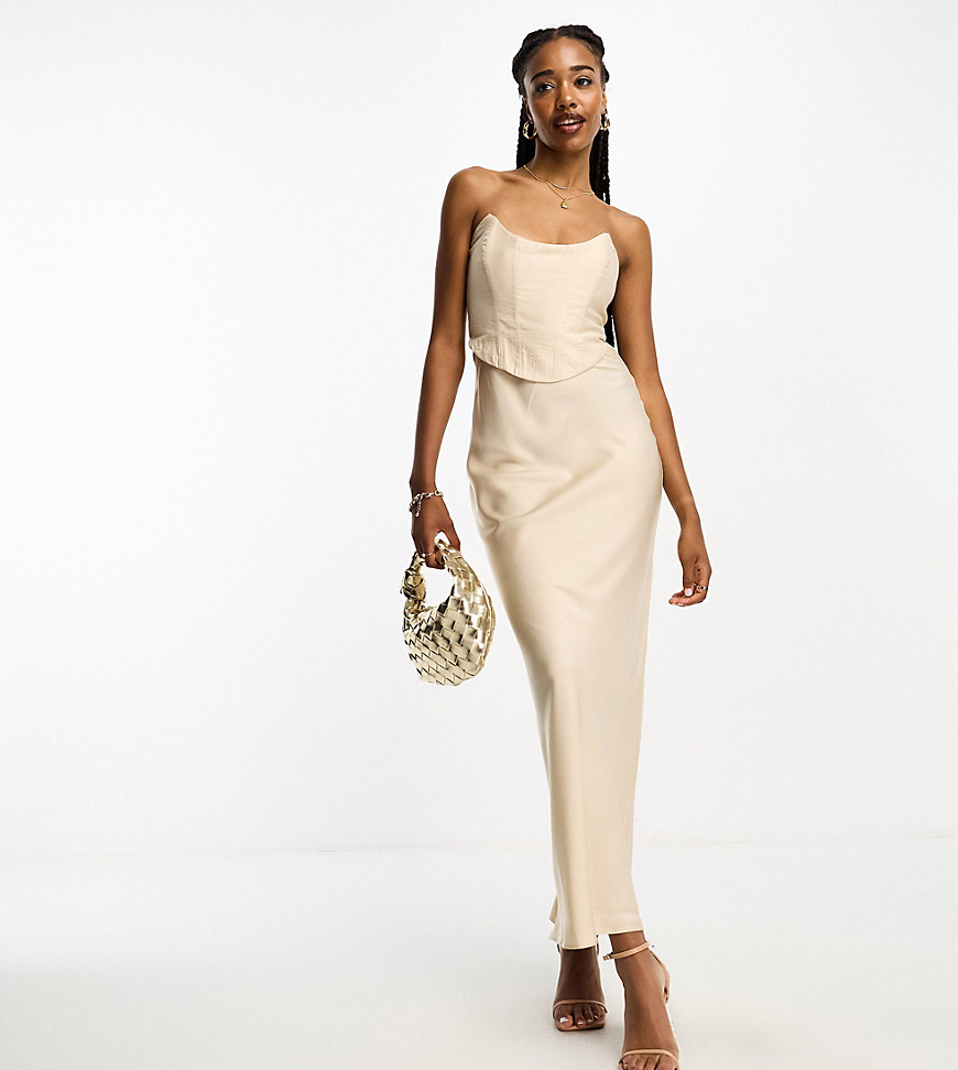 Asos Tall Asos Design Tall Bandeau Contrast Fabric Slip Maxi Dress With Corset Detail In Gold