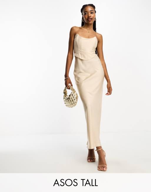 ASOS DESIGN Tall bandeau contrast fabric slip maxi dress with corset detail in gold