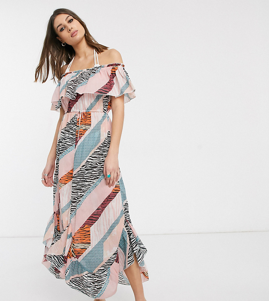 ASOS DESIGN tall bandeau frill maxi beach dress in sliced mixed graphic print-Multi