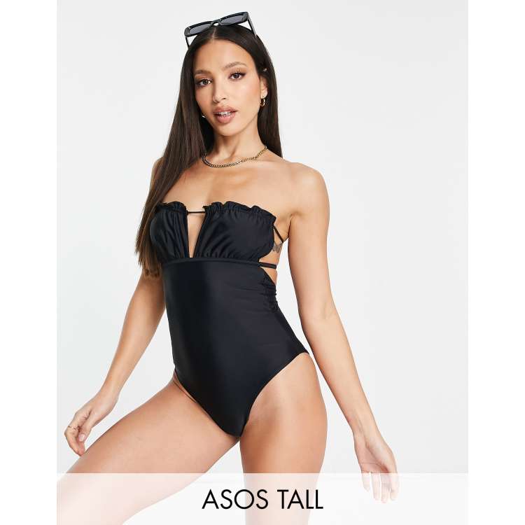 ASOS DESIGN Tall bandeau frill swimsuit in black