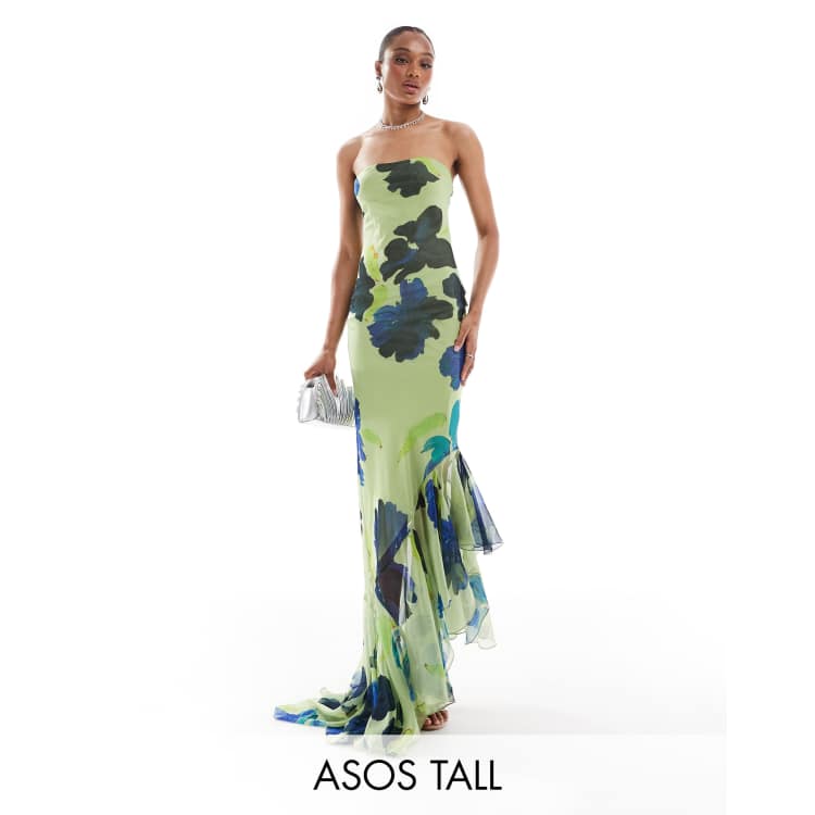 ASOS DESIGN Tall bandeau maxi dress with asymmetric ruffle hem in lime abstract floral print ASOS