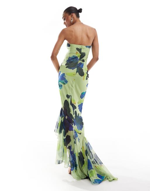 ASOS DESIGN Tall bandeau maxi dress with asymmetric ruffle hem in lime abstract floral print ASOS