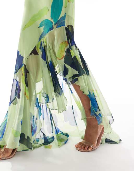 ASOS DESIGN Tall bandeau maxi dress with asymmetric ruffle hem in lime abstract floral print