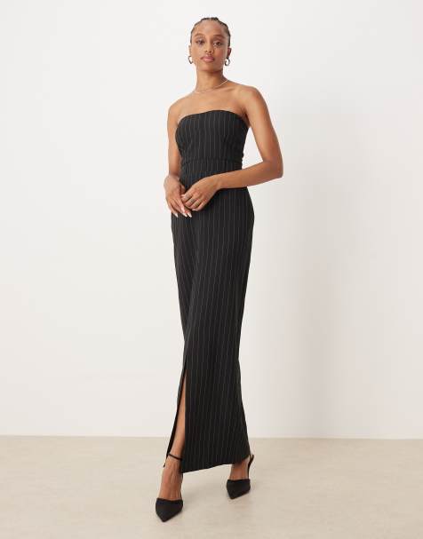 ASOS DESIGN Tall bandeau maxi dress with front split in black stripe - view 1