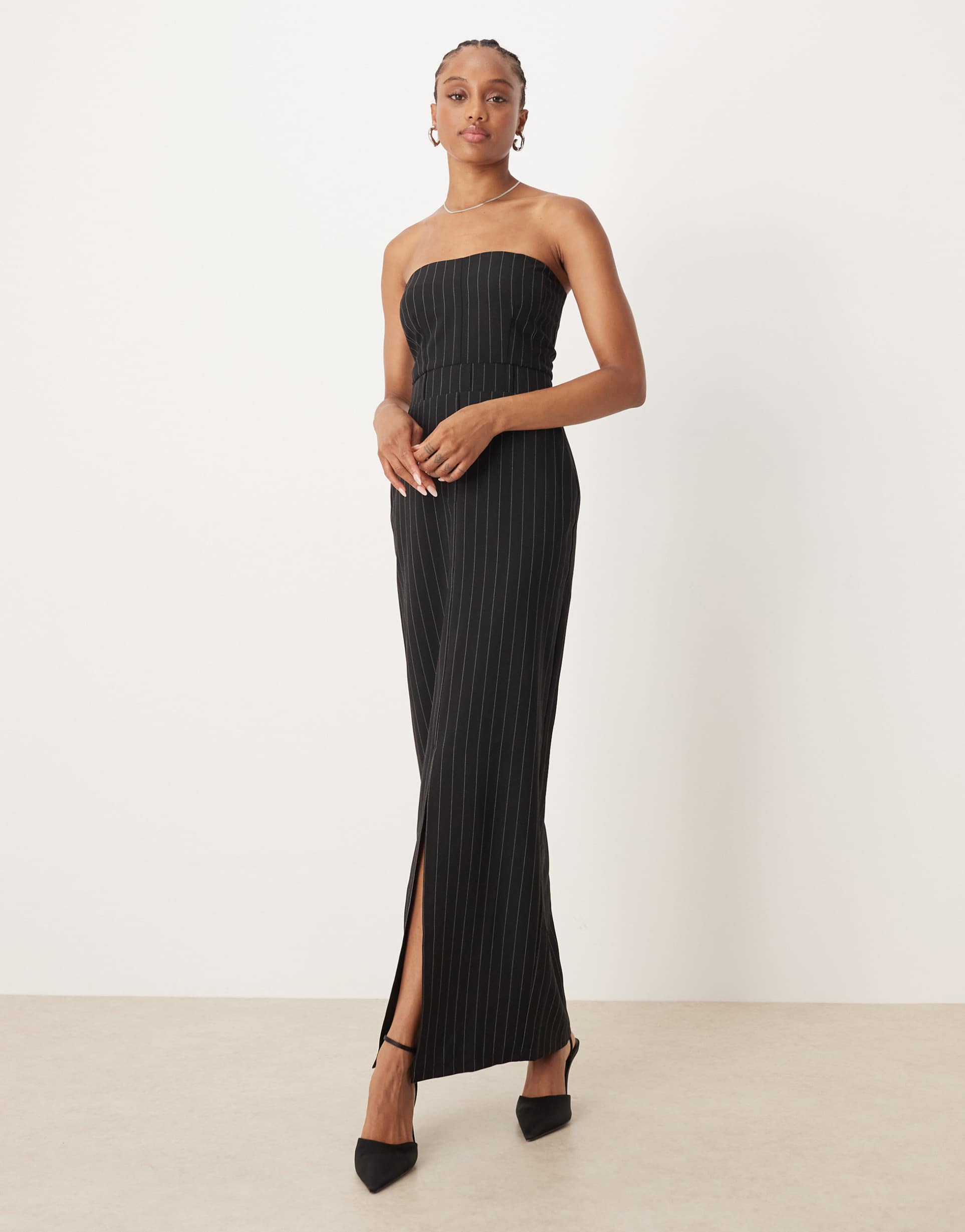 asos design tall bandeau maxi dress with front split in black stripe