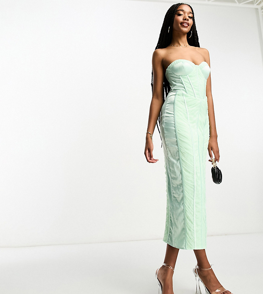 Asos Tall Asos Design Tall Bandeau Mesh Ruched Midi Dress With Satin Insert In Sage-multi