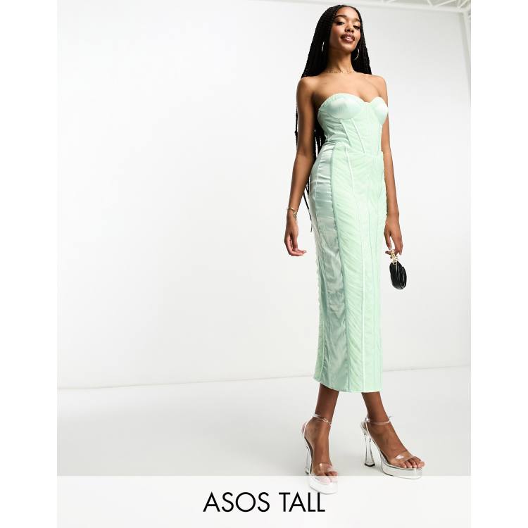 ASOS DESIGN Tall bandeau mesh ruched midi dress with satin insert in sage