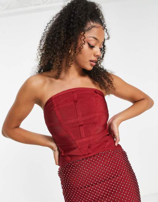 ASOS DESIGN Tall bandeau midi bandage dress with embellished skirt in dark red