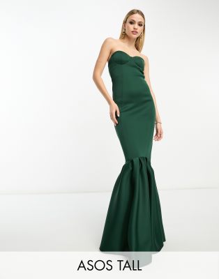 Asos Design Tall Bandeau Peplum Hem Maxi Dress In Dark Green