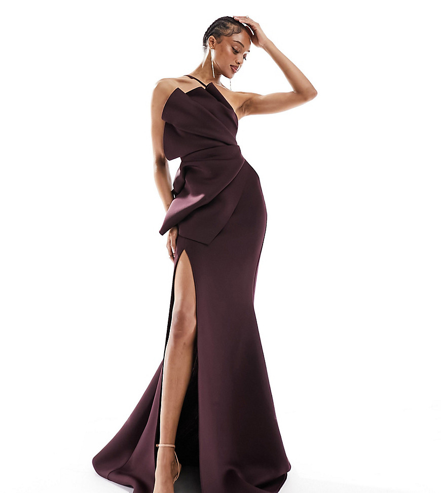 ASOS DESIGN Tall bandeau premium fan detail bodycon maxi dress with train in plum-Black