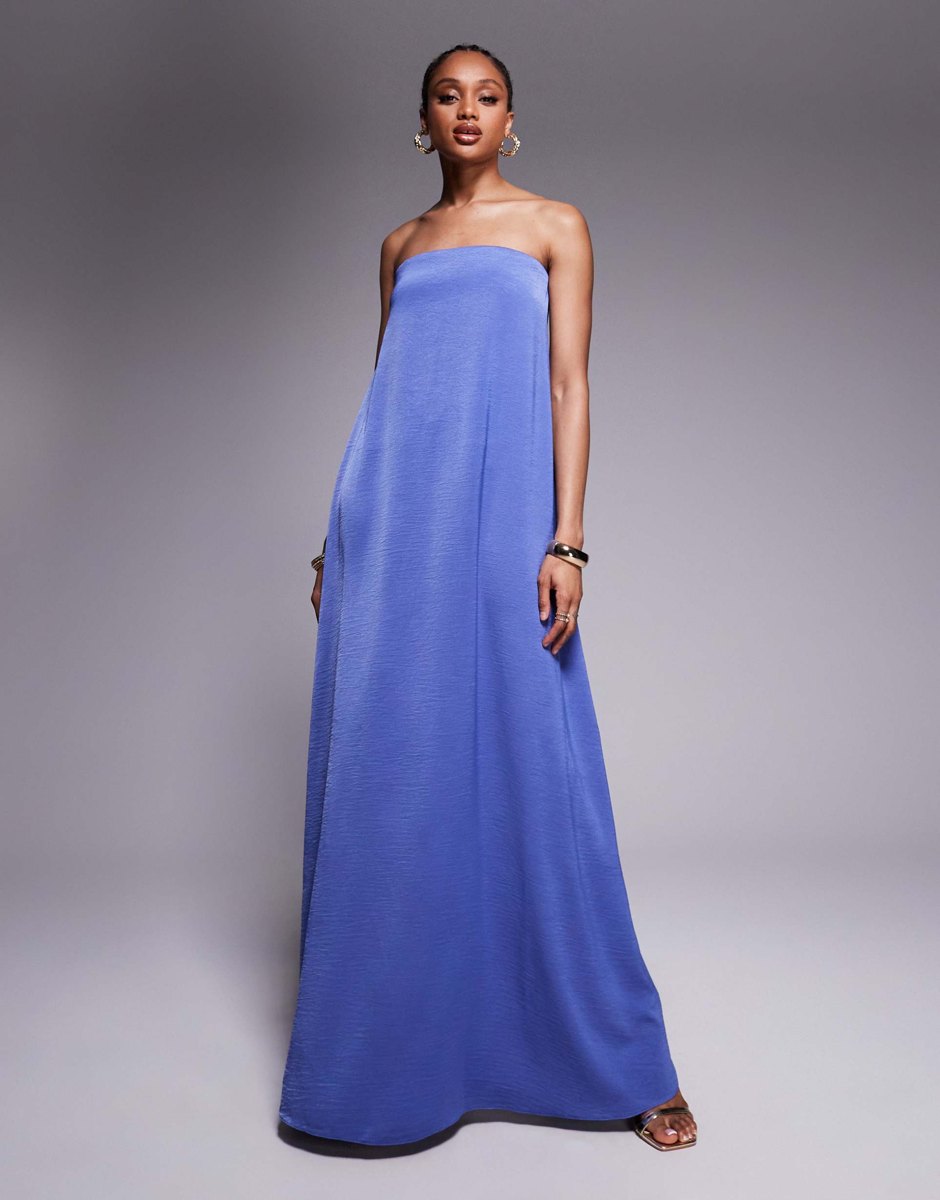 asos design tall bandeau trapeze satin maxi dress in lilac blue