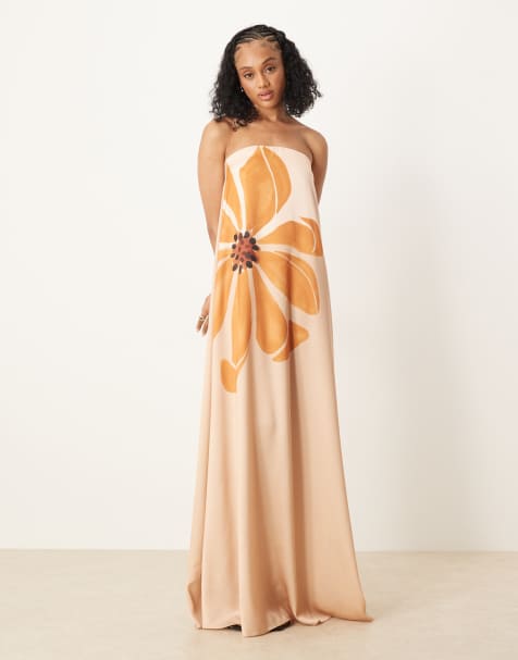 ASOS DESIGN Tall bandeau trapeze satin maxi dress in yellow floral print - view 1