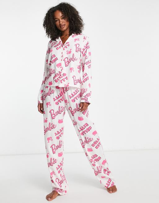 ASOS DESIGN Tall Barbie x Hello Kitty modal shirt & pants pajama set in  white & pink