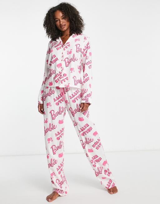 ASOS DESIGN Tall Barbie x Hello Kitty modal shirt & pants pyjama set in white & pink, 3 of 4