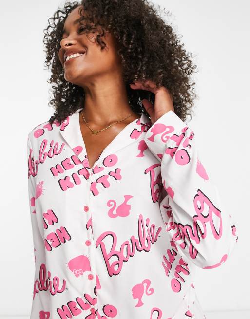 ASOS DESIGN Tall Barbie x Hello Kitty modal shirt & pants pyjama set in white & pink, 4 of 4