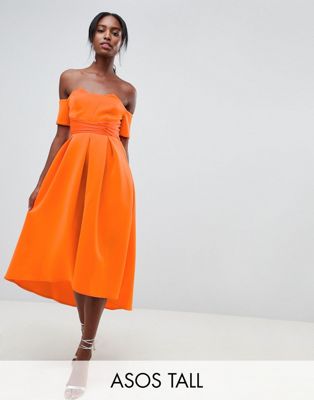 orange bardot midi dress