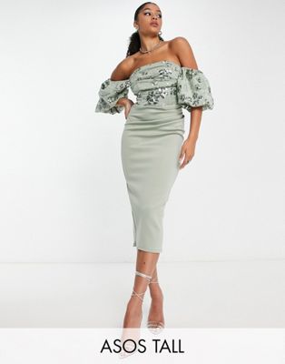 ASOS DESIGN Tall bardot puff sleeve midi dress with floral embellishment in dusty green - ASOS Price Checker