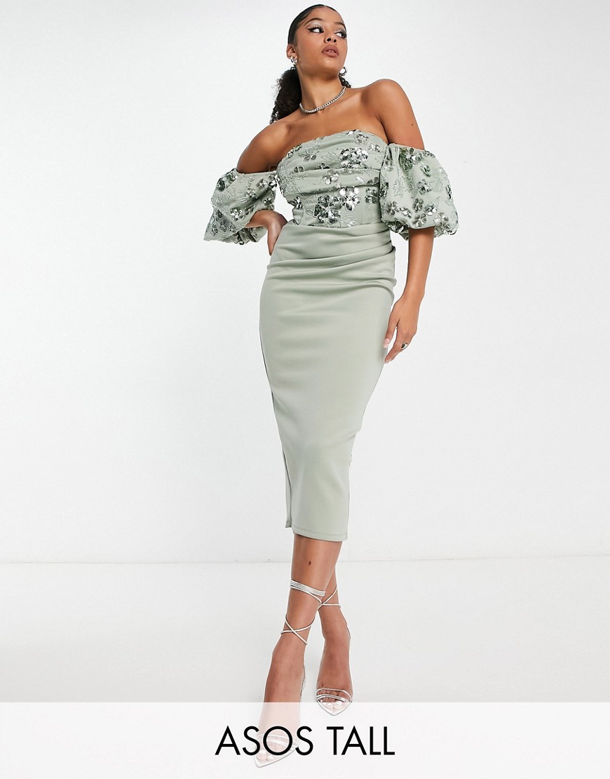 ASOS DESIGN Tall bardot puff sleeve midi dress with floral embellishment in dusty green