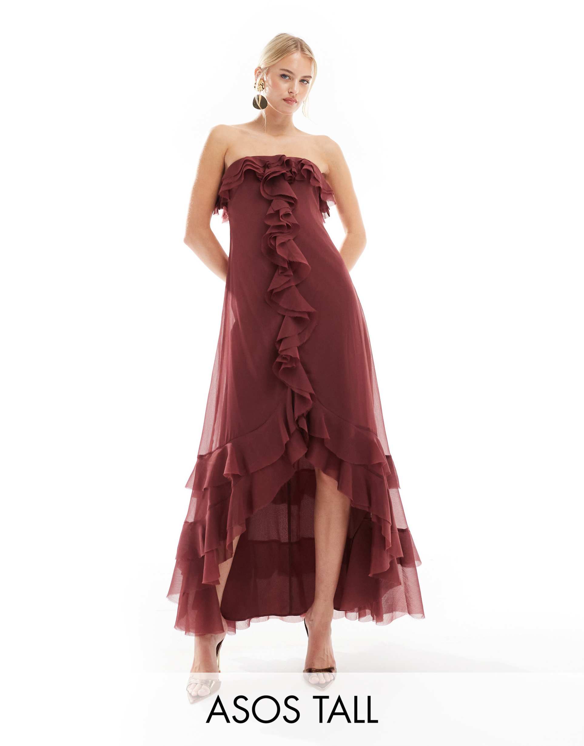 asos design tall bardot ruffle off shoulder maxi dress in burgundy