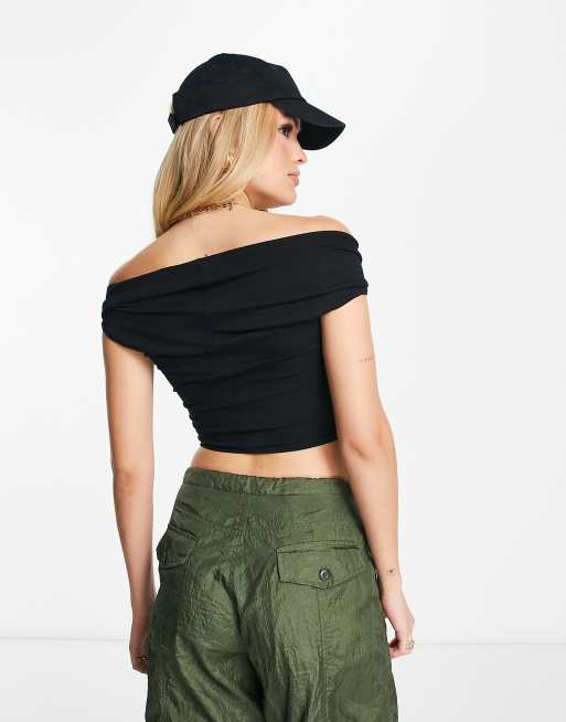 ASOS DESIGN Tall Bardot top met gekruiste voorkant en korte mouwen in zwart ASOS