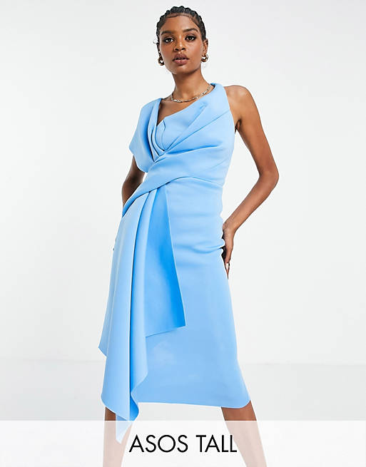 ASOS DESIGN Tall bare shoulder pencil midi dress in blue Asos Women Clothing Dresses Pencil Dresses 