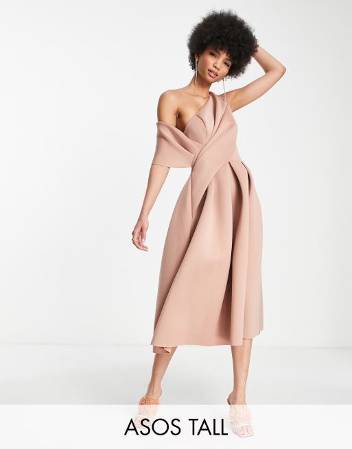 ASOS DESIGN Tall bare shoulder prom midi dress in camel