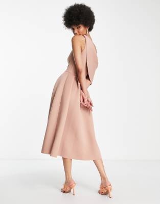 ASOS DESIGN Tall bare shoulder prom midi dress in camel