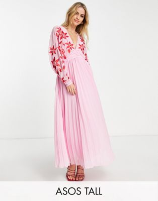 ASOS DESIGN Tall batwing plunge pleated maxi dress with embroidery in pink