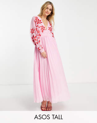 ASOS DESIGN Tall batwing plunge pleated maxi dress with embroidery in pink-Multi