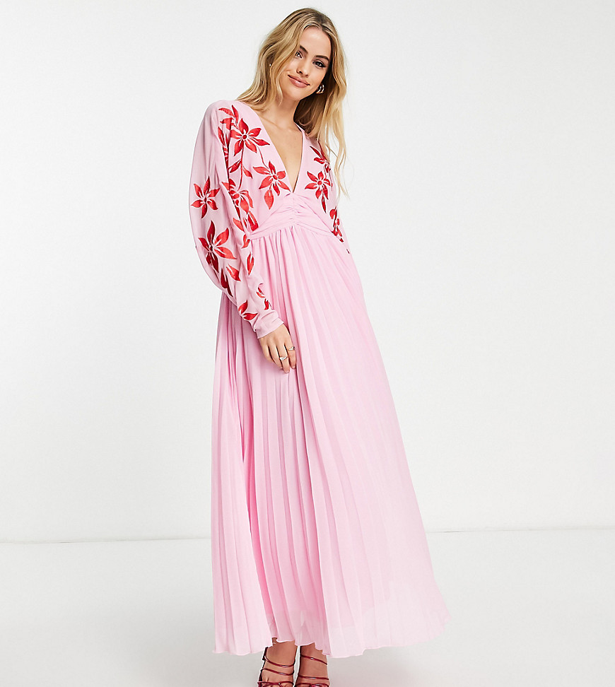 ASOS DESIGN Tall batwing plunge pleated maxi dress with embroidery in pink-Multi