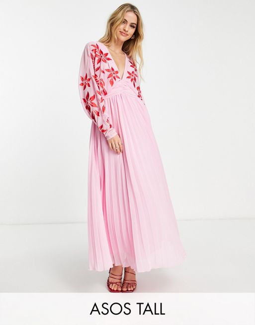 FhyzicsShops DESIGN Tall batwing plunge pleated maxi was dress with embroidery in pink 