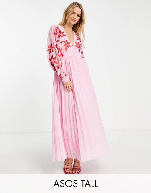 ASOS DESIGN Tall batwing plunge pleated maxi dress with embroidery in pink ASOS