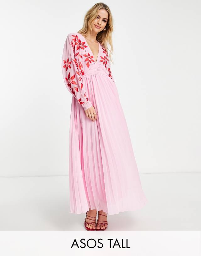 ASOS Tall - ASOS DESIGN Tall batwing plunge pleated maxi dress with embroidery in pink