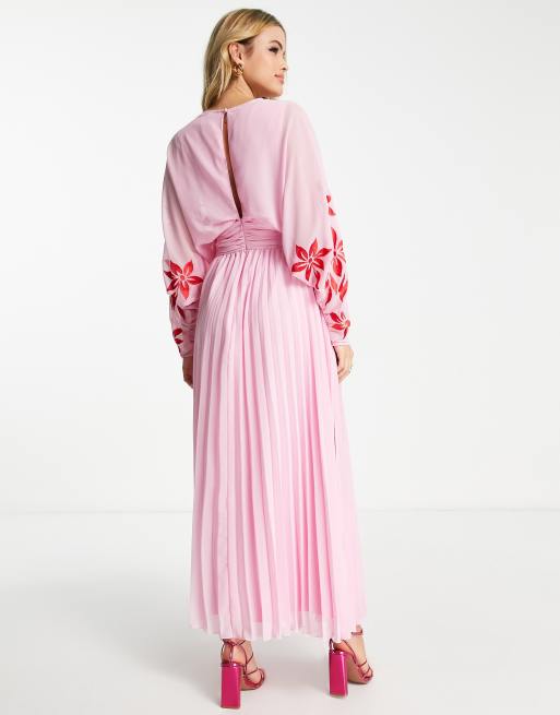 ASOS DESIGN Tall batwing plunge pleated maxi dress with embroidery in pink ASOS