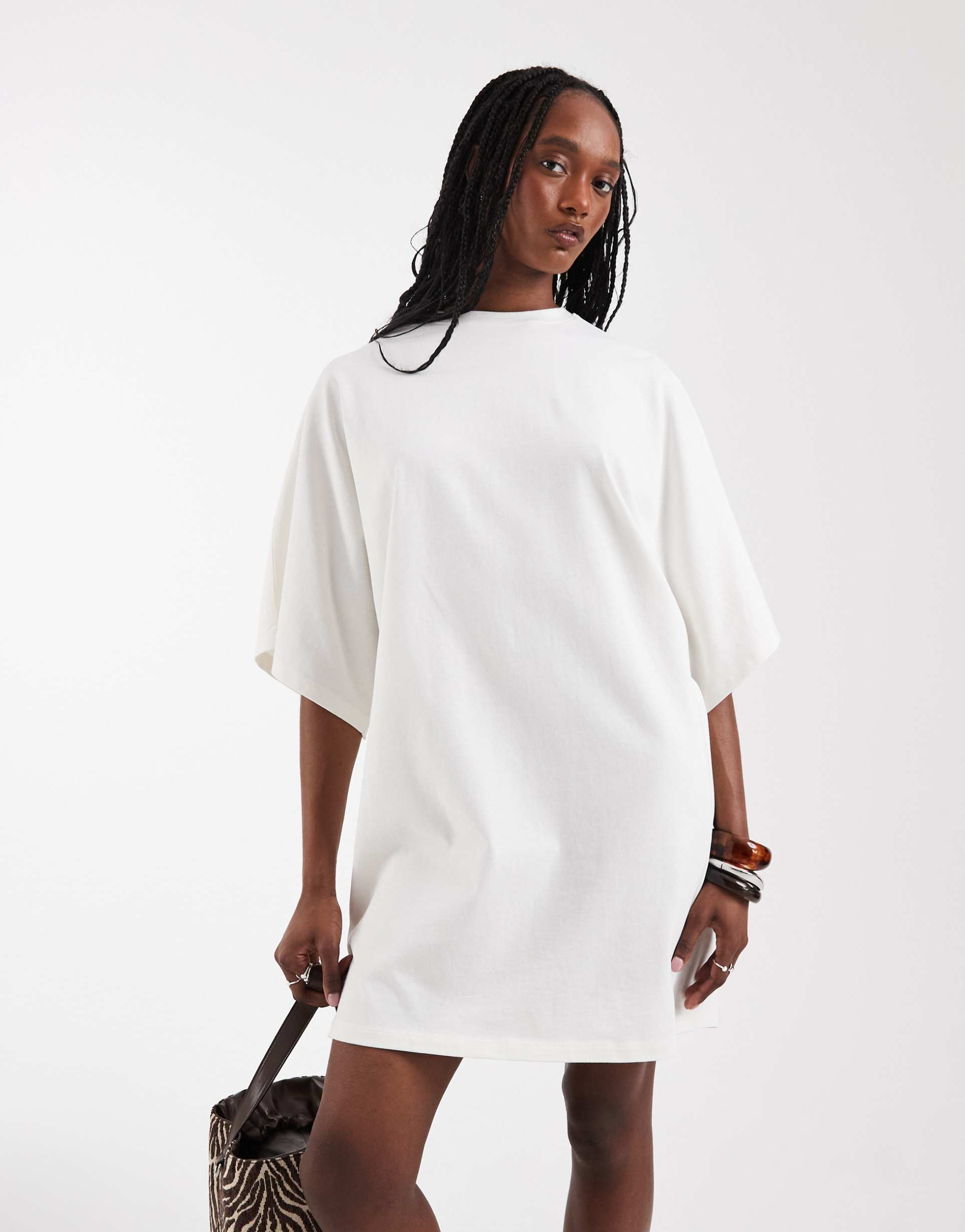 asos design tall batwing t-shirt mini dress in stone