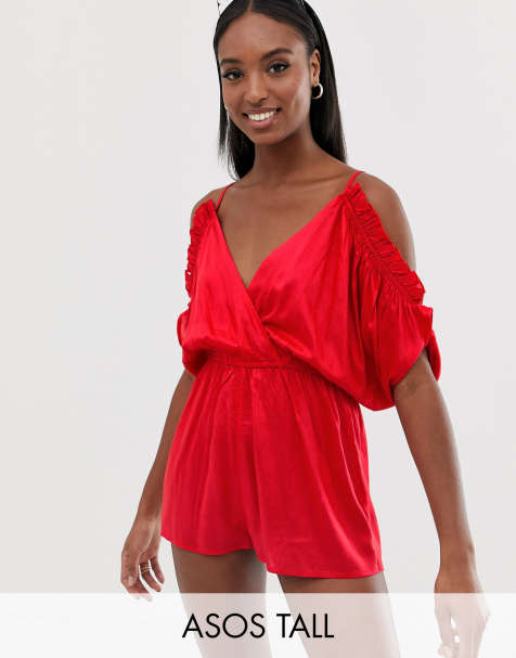 ASOS DESIGN Tall beach playsuit with cold shoulder & flutter sleeve