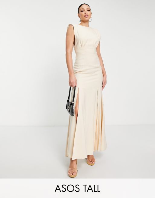 ASOS DESIGN Tall - Beige maxikjole med skulderpuder uden ærmer i hør