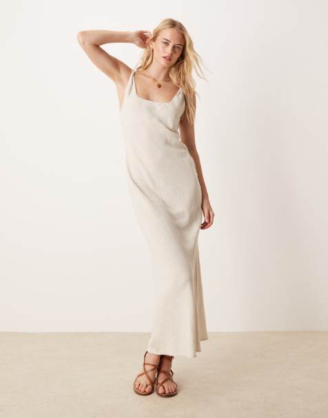ASOS DESIGN Tall - Beige maxikjole med tværsnit og snoede stropper i hørlook - view 1