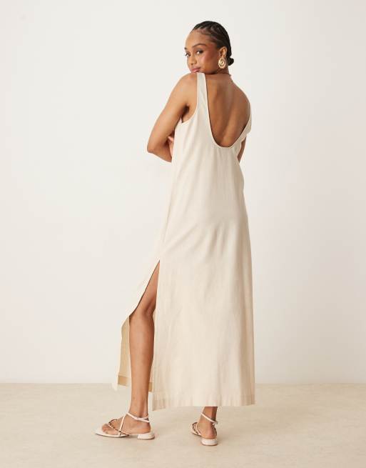 ASOS DESIGN Tall – Beige midiklänning i bomulls- och linnetyg med djup halsringning, 3 av 4