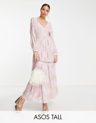 ASOS DESIGN Tall belted batwing maxi tea dress in lilac metallic jacquard | ASOS