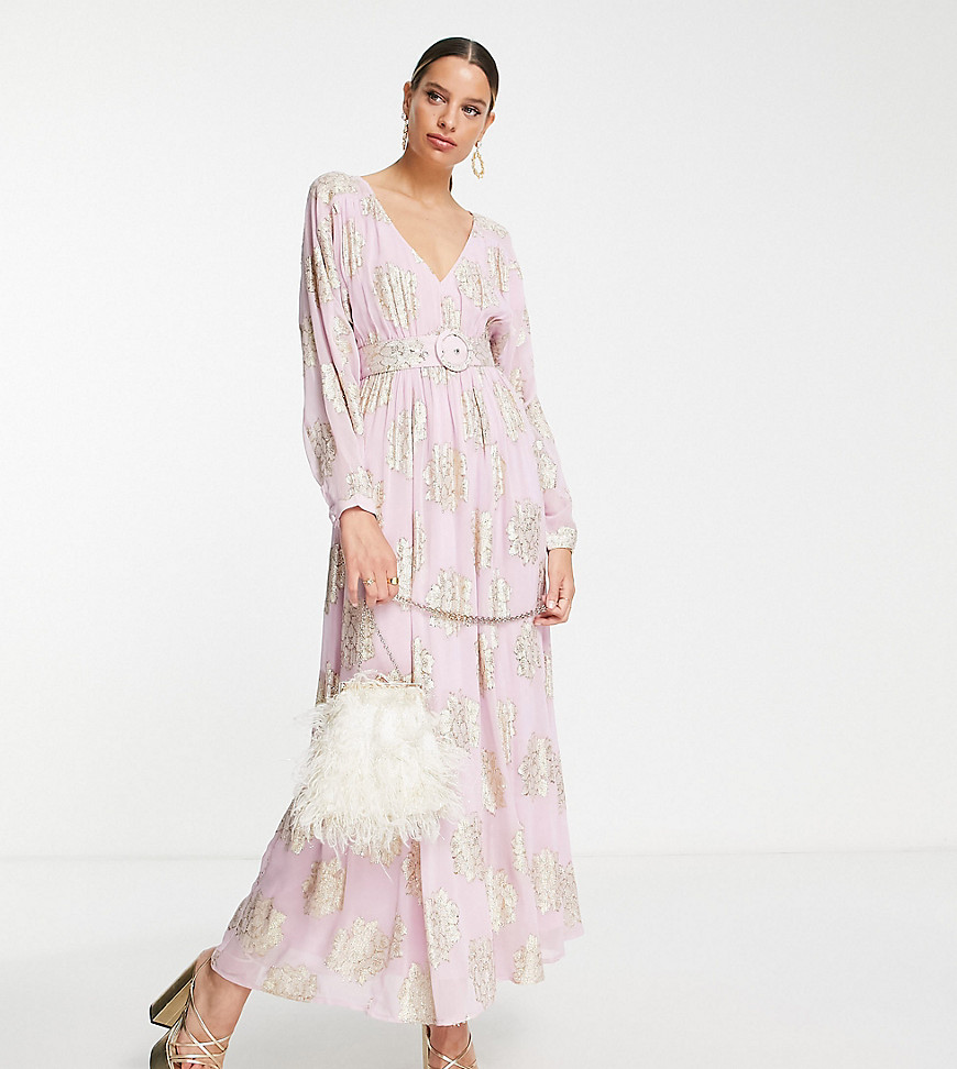 ASOS DESIGN Tall belted batwing maxi tea dress in lilac metallic jacquard-Multi