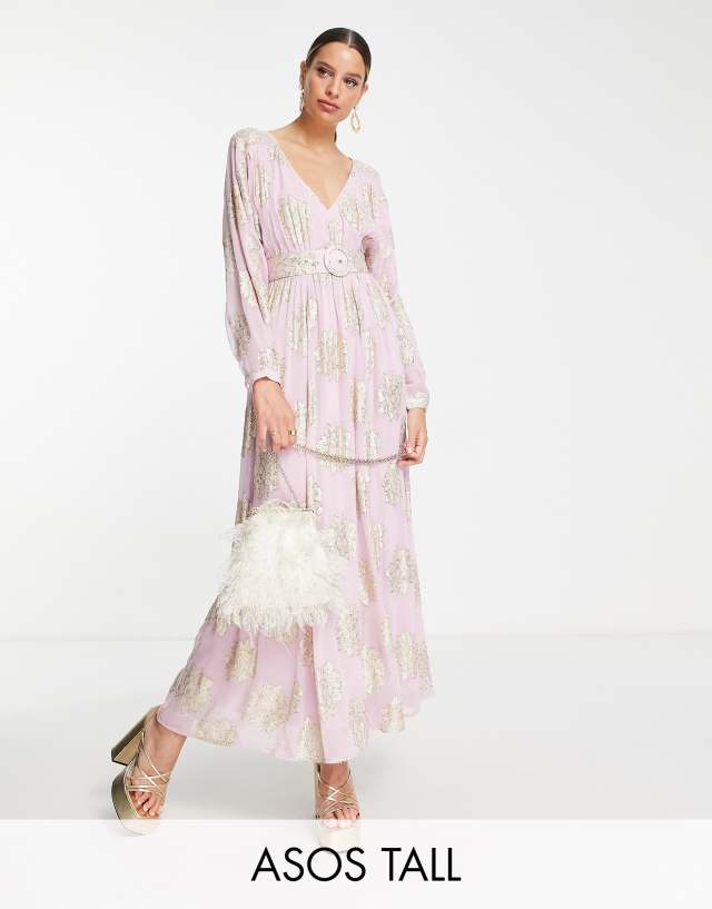 ASOS DESIGN Tall belted batwing maxi tea dress in lilac metallic jacquard