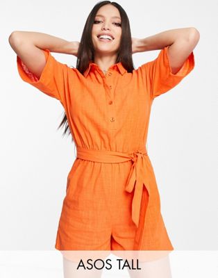 ASOS DESIGN Tall belted beach shirt playsuit in orange