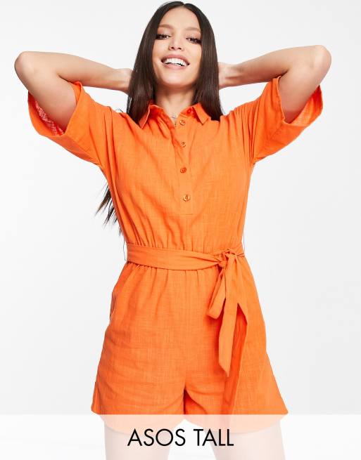 ASOS DESIGN Tall belted beach shirt romper in orange