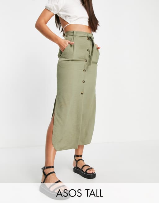 ASOS DESIGN Tall belted button through midi skirt in khaki