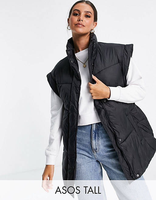 Women Tall belted gilet puffer jacket in black 